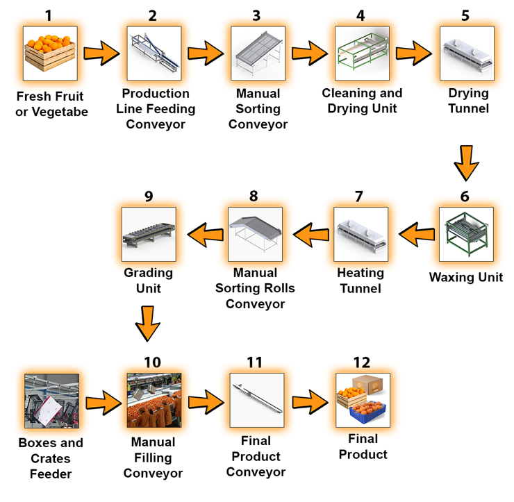Flowchart - Fruits Processing Line (Washing-Waxing-Grading)
